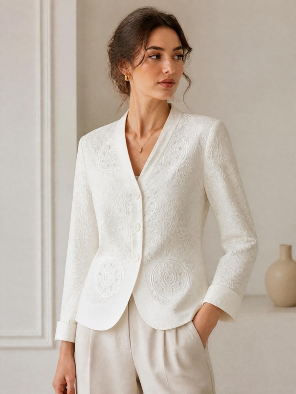 Lafayette 148 New York Ivory Embroidered V-Neck Blazer